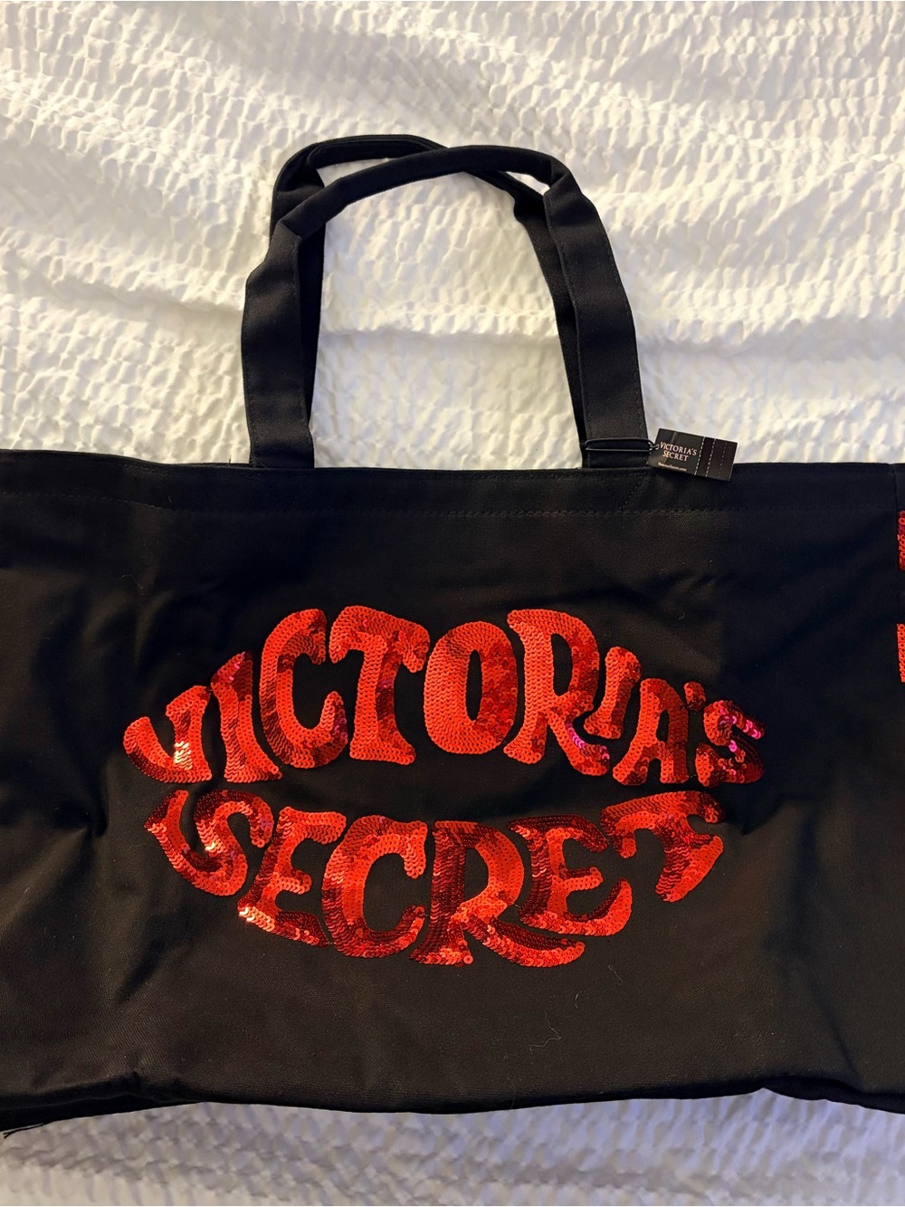 Victoria's Secret Black weekender Tote Bag with Red Sequin Logo NEW